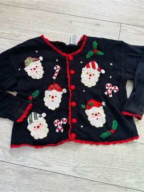 Holiday Santa Appliqué Cardigan Sweater - Black with Red Trim